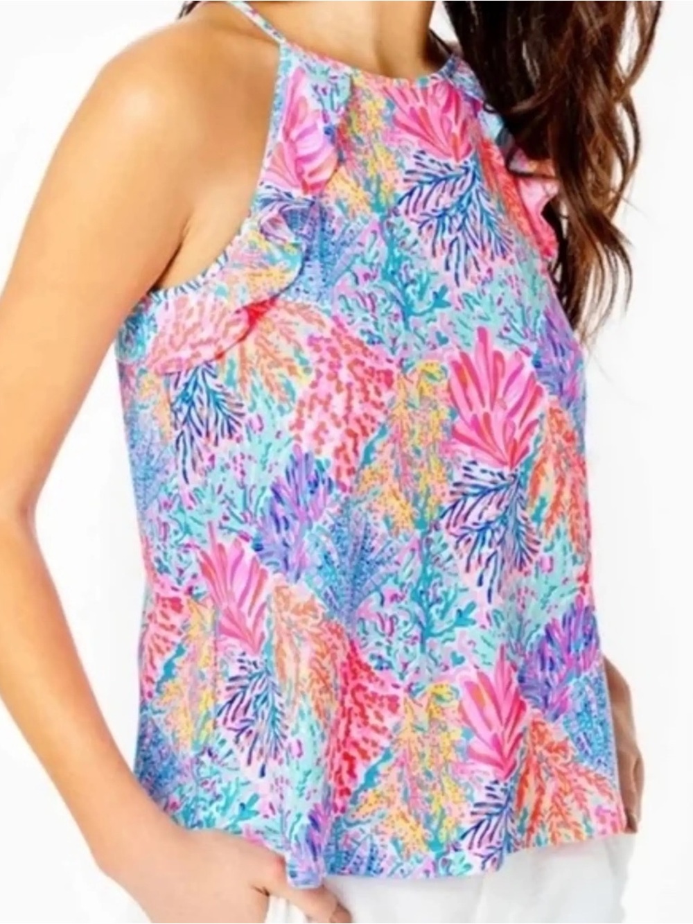 Lilly Pulitzer Top XS Multi Solashdqnce Coral Reef Print Ruffle Cold Shoulder